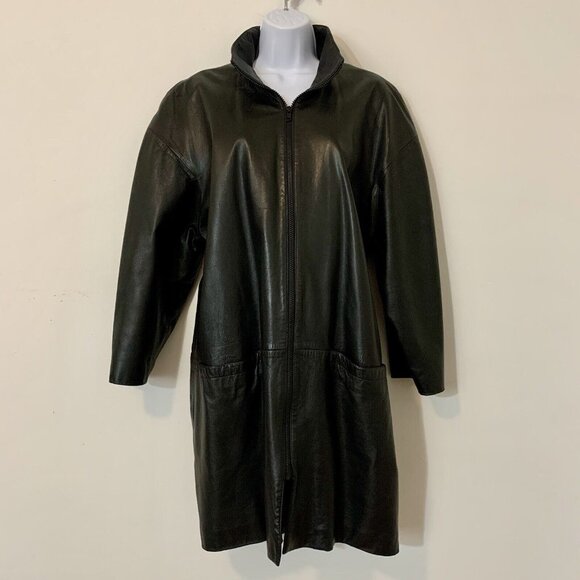 1980’s HANNAH PANG Coat Black Leather Midi Jacket SZ M Made In Hong Kong